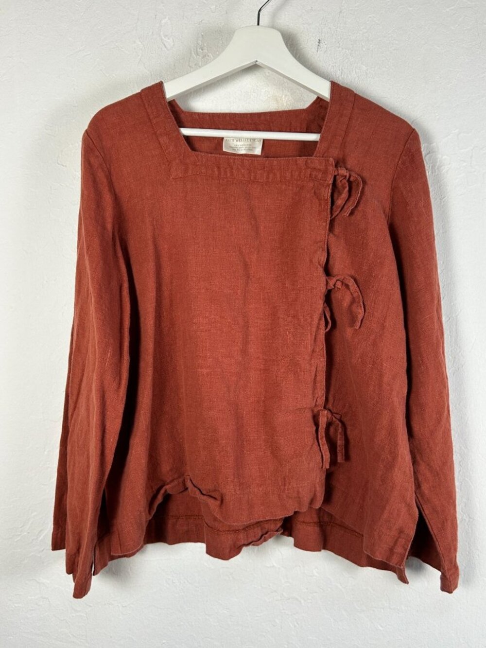 Patti Wells Designs Women Rust Linen Tie-Front Top Small Square Neck Long Sleeve